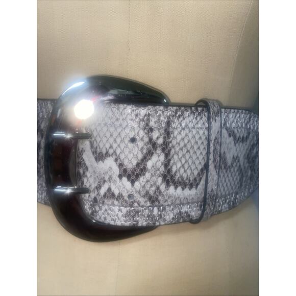 Python Snake Skin Leather Belt Stretch Back 3” Wide Silver Tone Double Buckle M